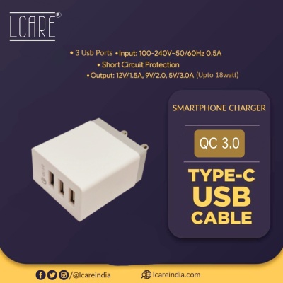 LCARE 18W 3-Port Fast Charging Mobile Charger + 1.2M Type C Cable